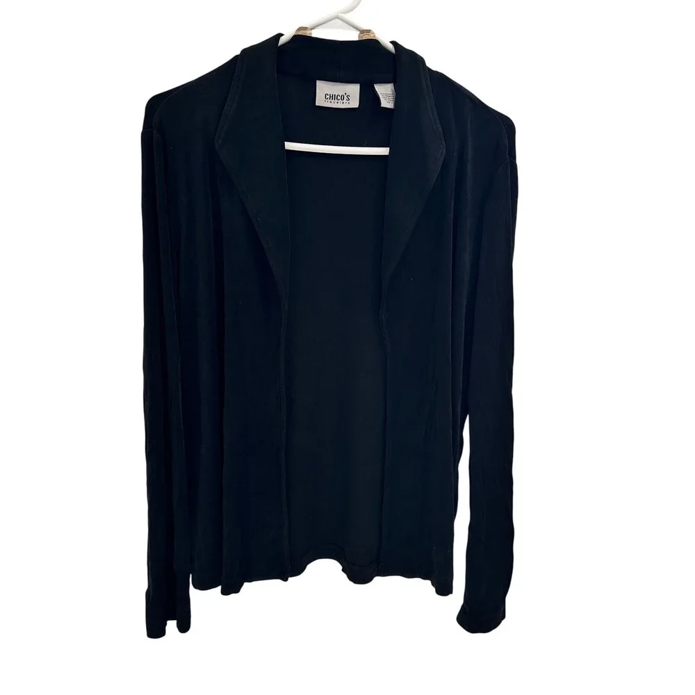 Chicos Travelers Black‎ Open Front Cardigan Lightweight Knit Top Size 1 M